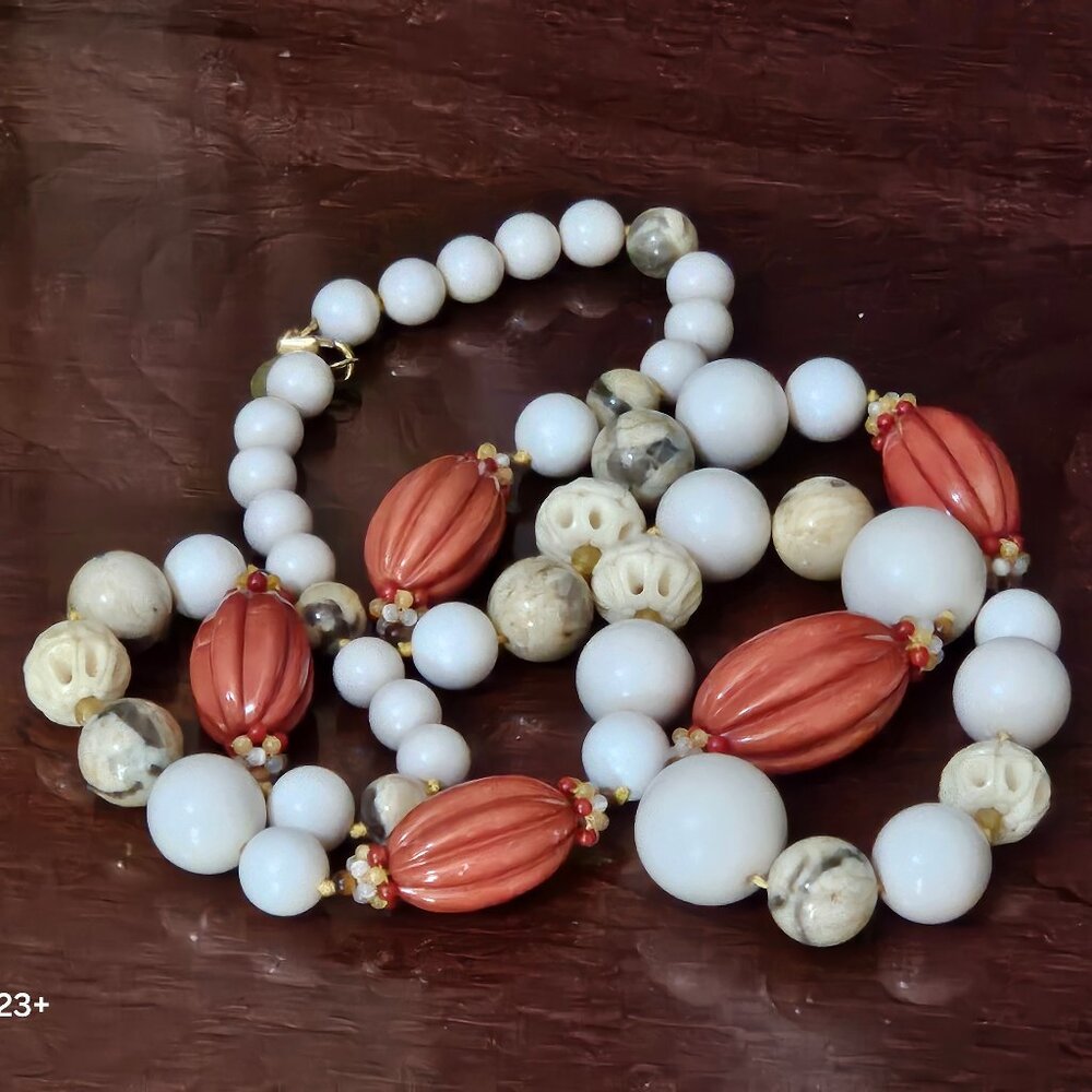 RARE DESIGNER MIGUEL ASES MOP CORAL BONE JADE CATS EYE 18K GOLD PLATE NECKLACE